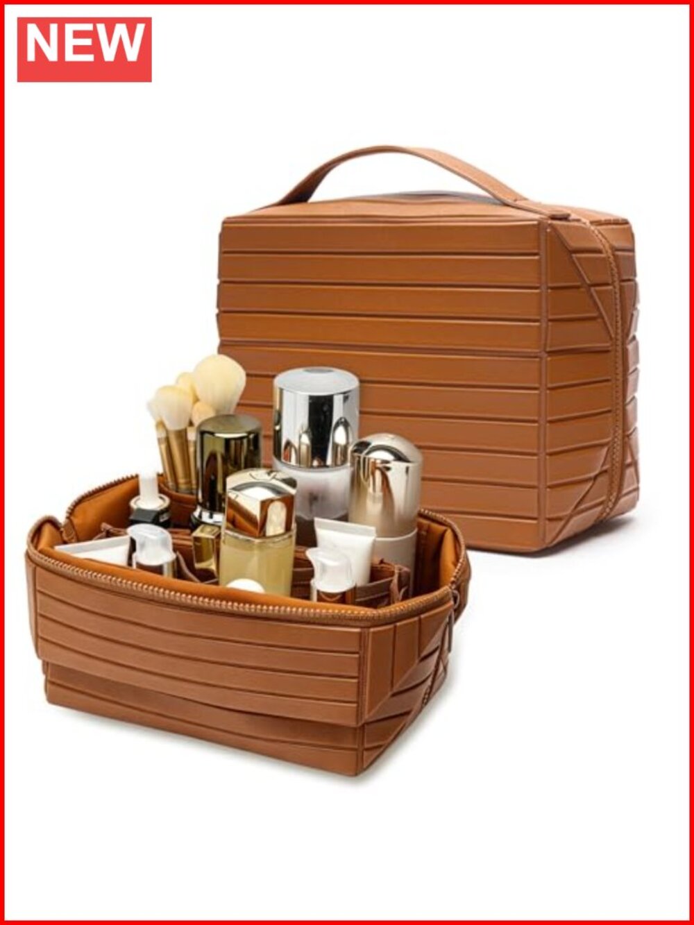 Faux Leather Travel Makeup Bag Fold-Down Large Capacity Cosmetic Organizer
